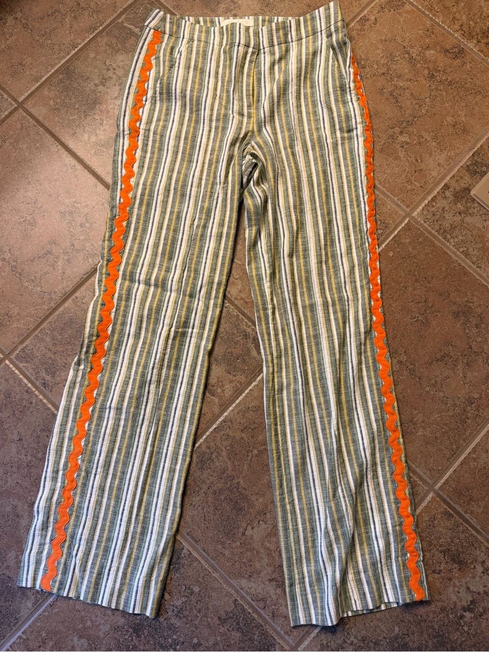 Etcetera Striped Pants in Green, Cream, Gray & Yellow with Orange Trim